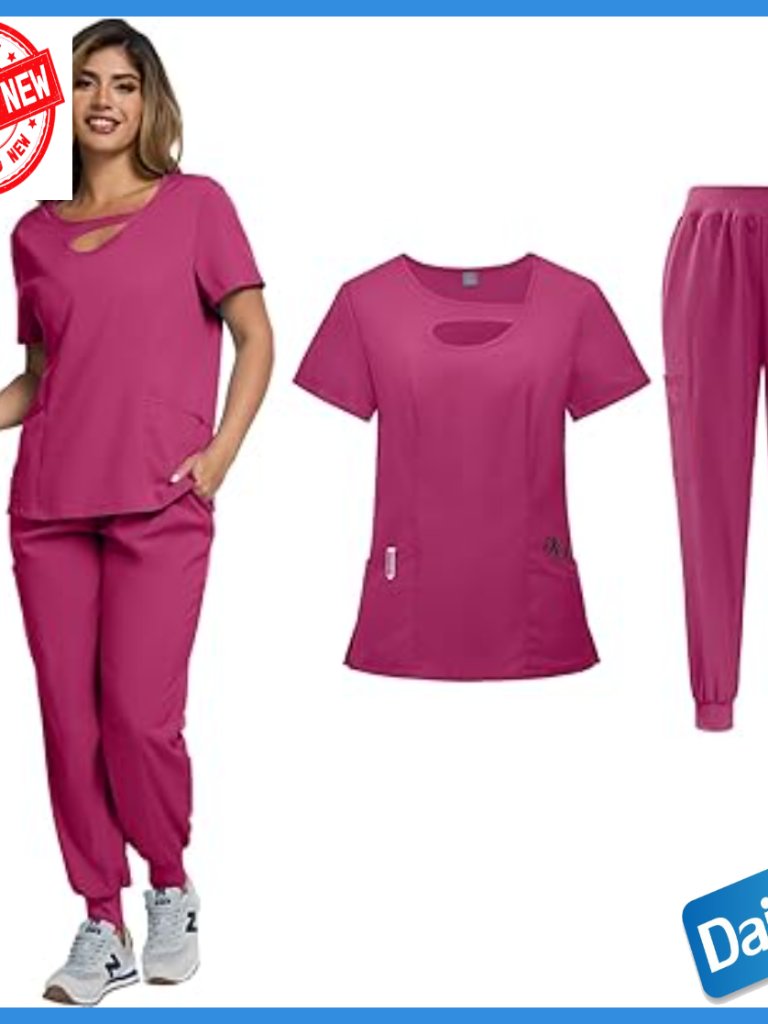 Women's Medical Scrubs Set Top & Jogger Pants Multiple Pockets